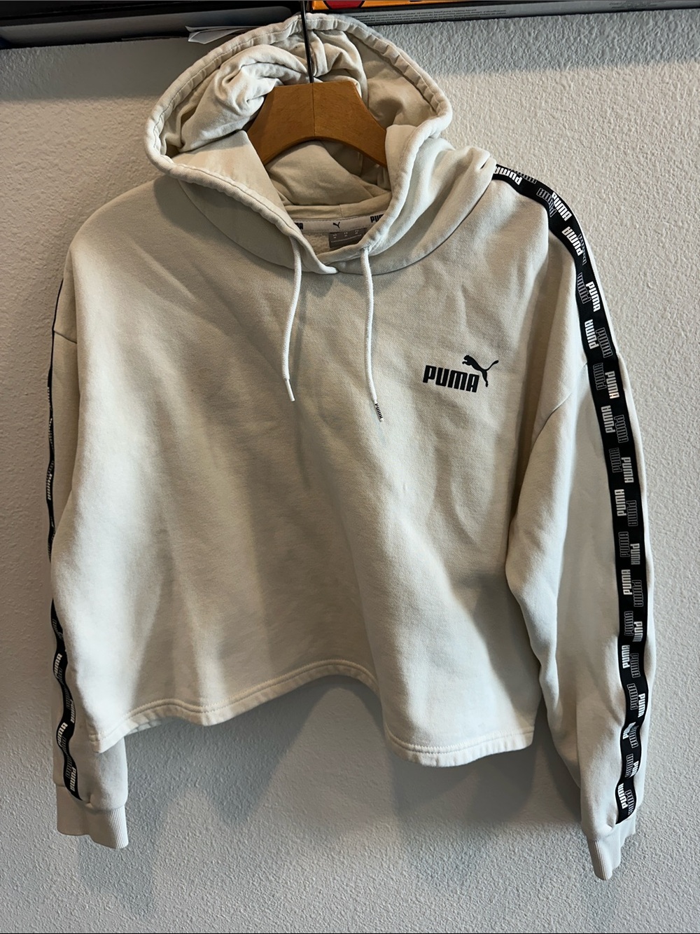 Puma Light Cream Cropped Hoodie with Black Logo Tape